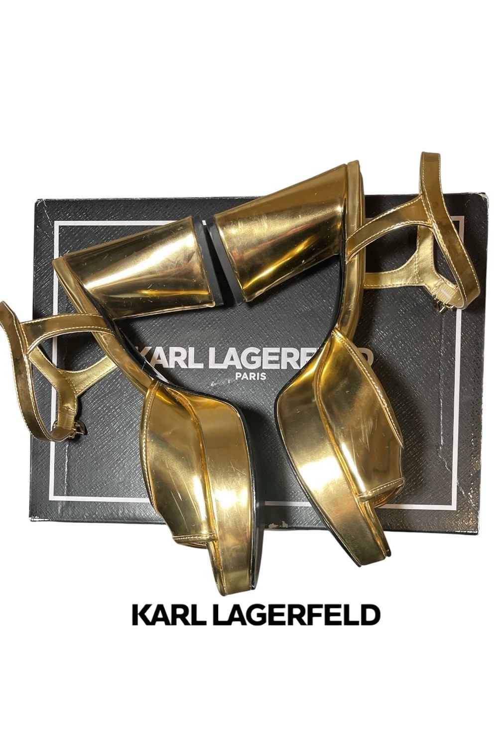 Karl Lagerfeld Gold Strappy Open Toe Ankle Strap Buckle Block Heel US 7.5