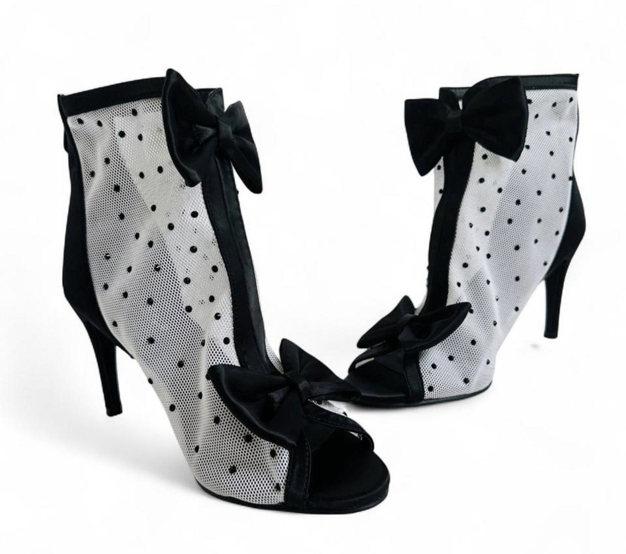Modern Pinup Mesh Polka Dot Bow-Peep Toe Stiletto Ankle Booties-Rockabilly 50’s