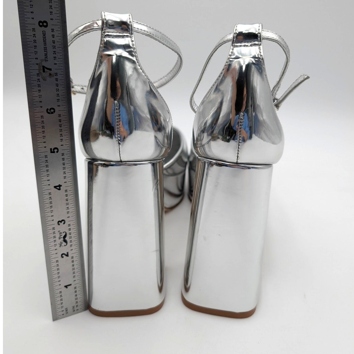 Larroude Ari Block Heel Pump Ankle Strap Women’s Silver Specchio Size US10 EU41
