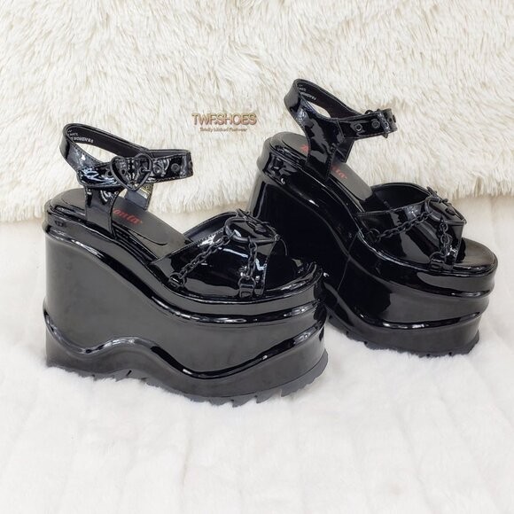 DEMONIA Wave 09- 6″ Platform Goth Heart Chain Sandals Shoes Black Patent