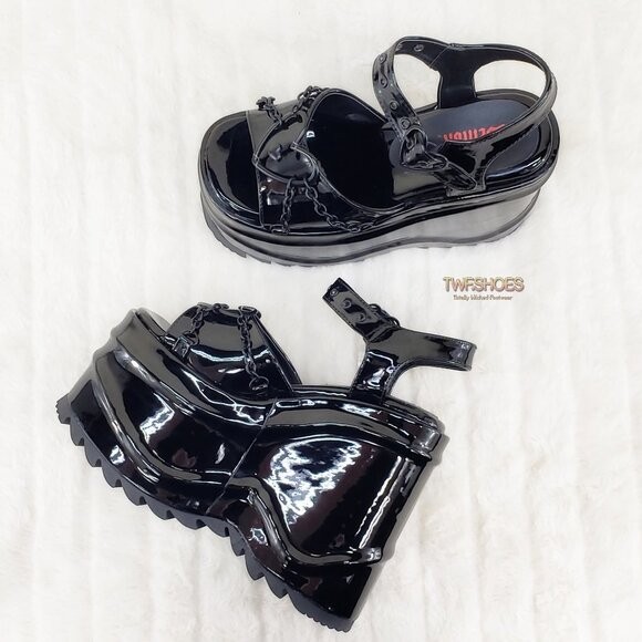 DEMONIA Wave 09- 6″ Platform Goth Heart Chain Sandals Shoes Black Patent