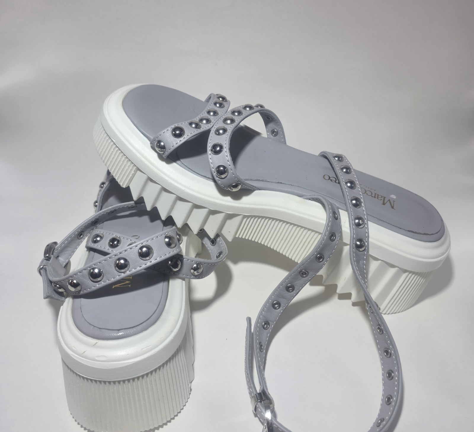 Marco Moreo Made in Italy Platform Sandals EU 39 Gray Studded Ankle Strap Chunky