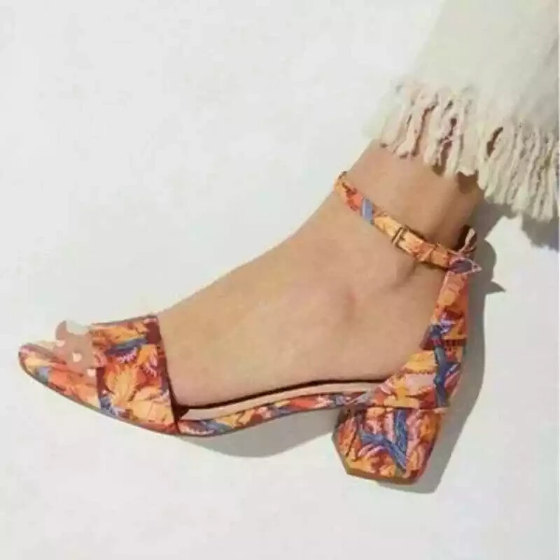 Free People Marigold Tropical Print Block Heel Sandals Ankle Strap Size 5.5