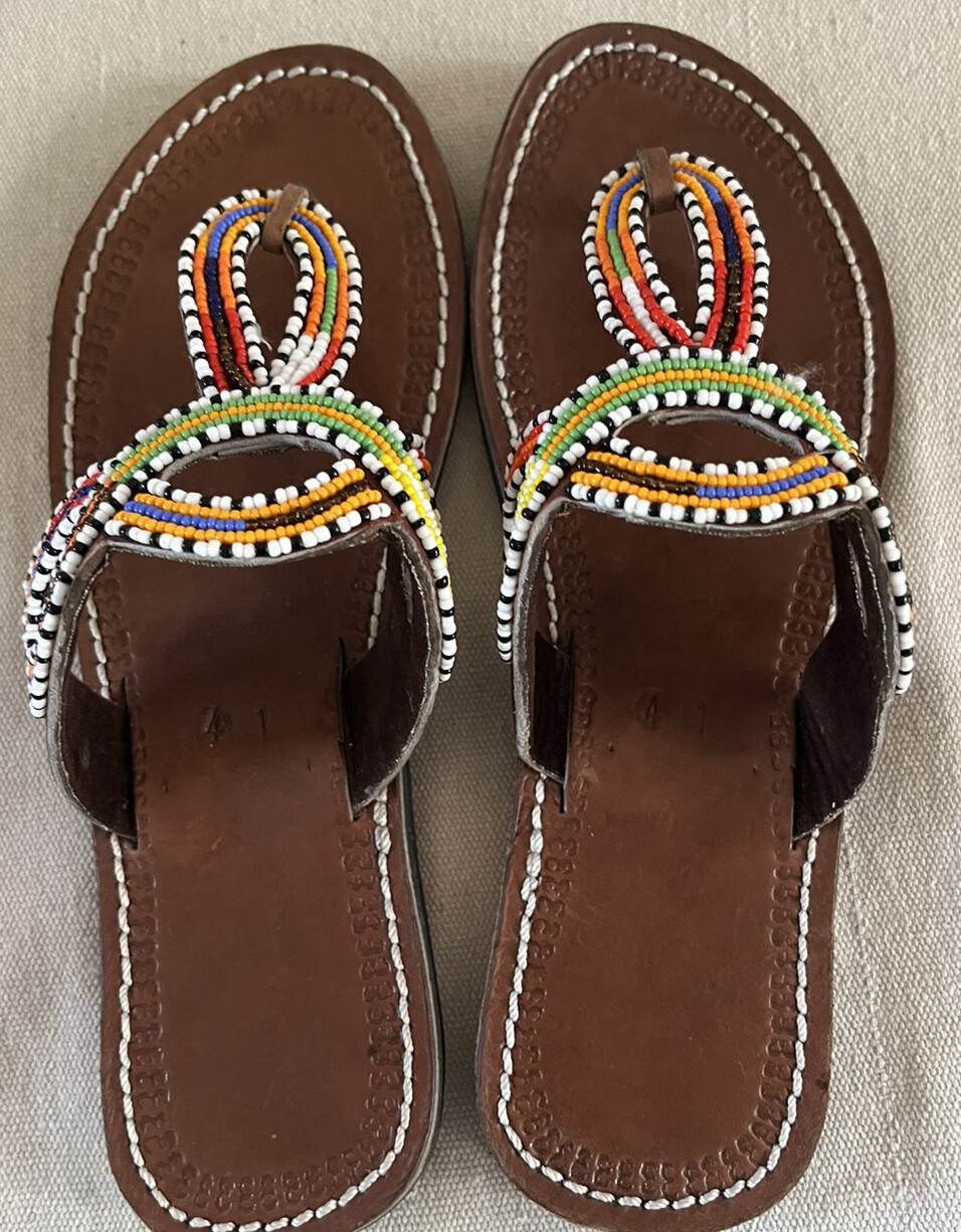 Ethnic Tooled Leather & Glass Bead Beaded Flip Flops Thong Sandals Size 41