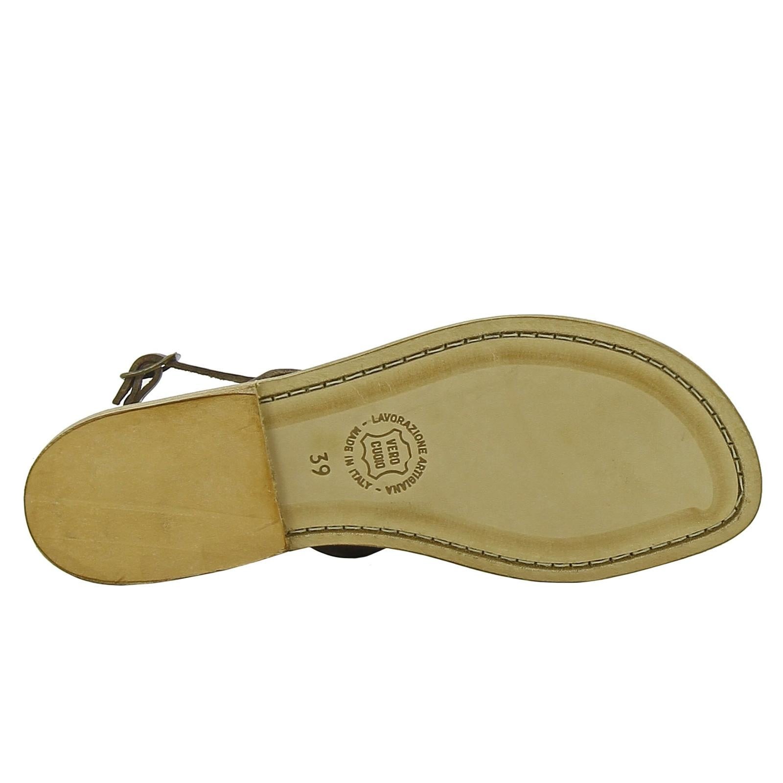 Handmade t-strap dark brown leather flat sandals for women