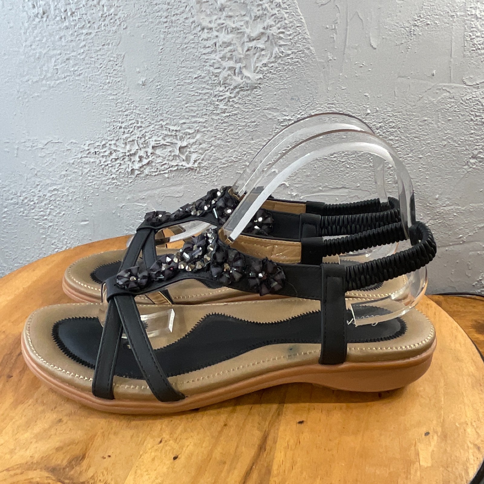 Lifestride Sandals Womens 10 Black Beaded Rhinestone Slingback Boho Resort Beach