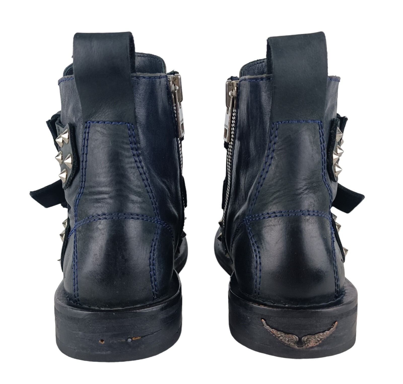 Zadig&Voltaire Womens Black Leather Studded Straps Ankle Boots Size EU 39