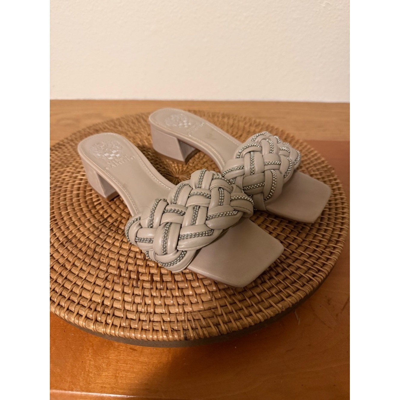 Vince Camuto Braided Slide Kitten Heels in Light Taupe with Metallic Trim
