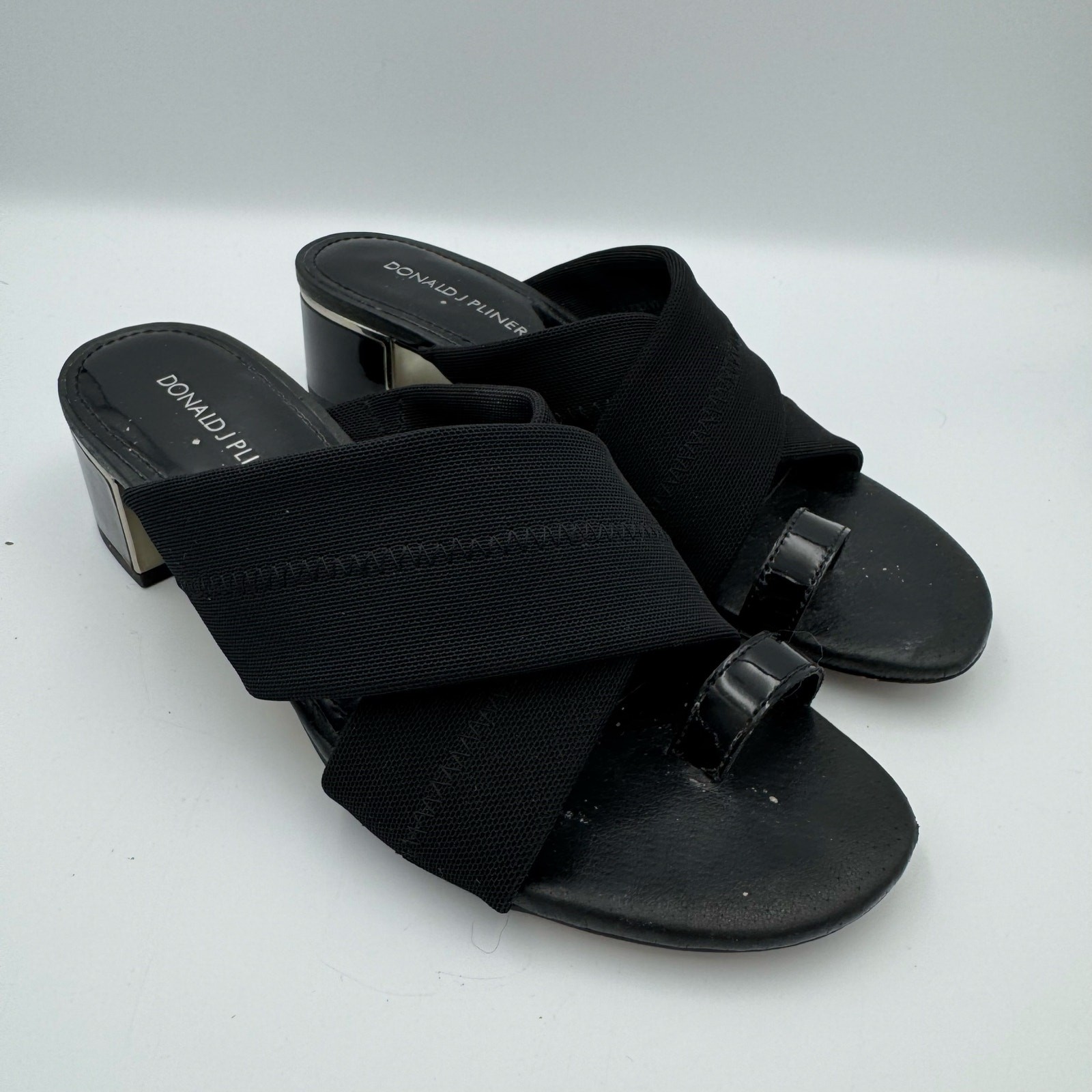 Donald J Pliner Toto Black Stretch Toe Ring Slide Sandals Block Heel Women’s 7M