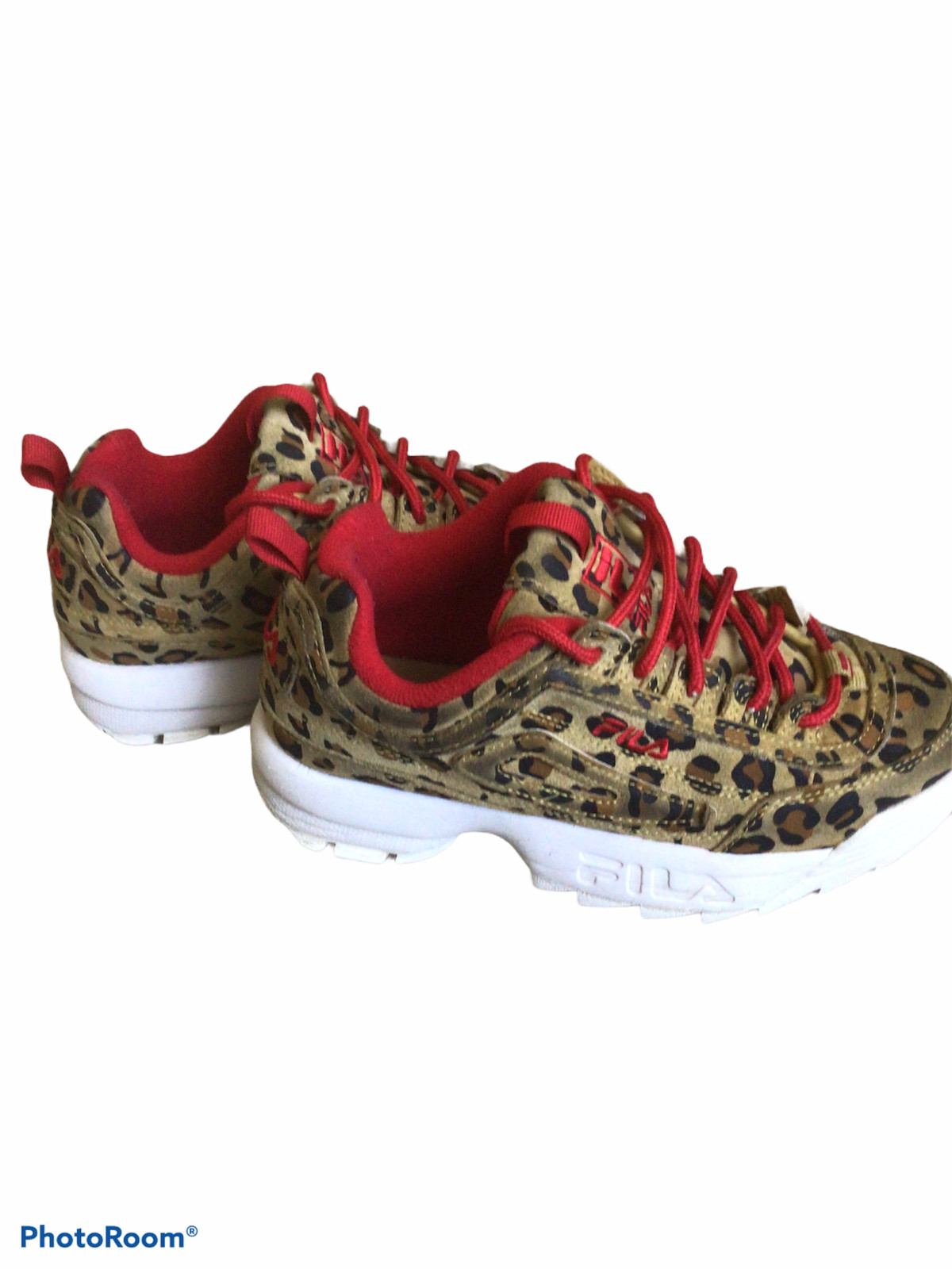 FILA Disruptor 2. YOUTH Size 4 Leopard print & Red Lace up leather/synthetic