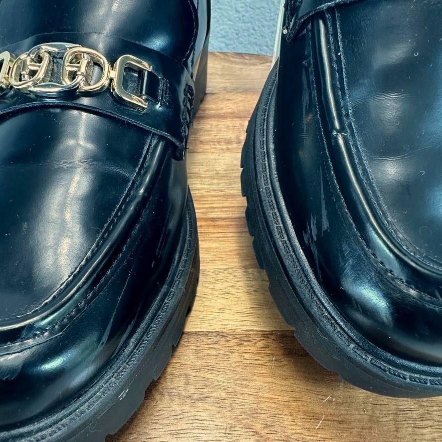 Sam Edelman Teagan Black Leather Lug Sole Loafers Gold Chain SZ 10M Preppy Retro