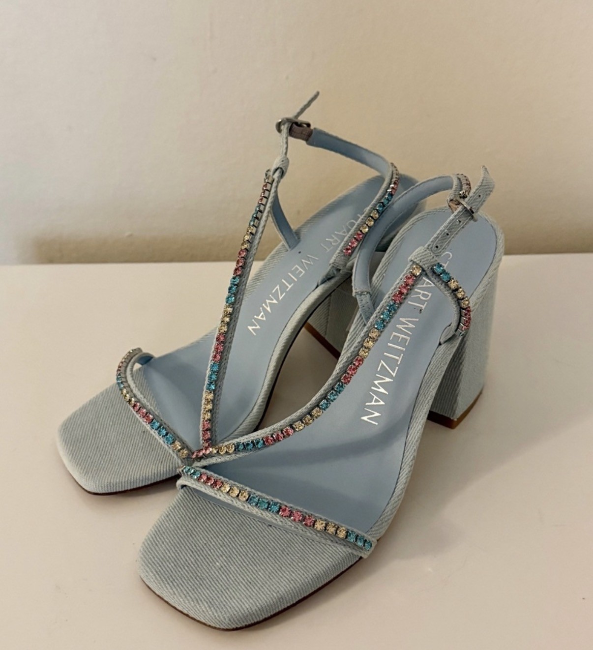 $575 Stuart Weitzman Women’s Blue Soiree Crystal 85 Block Sandal Shoes Size 9