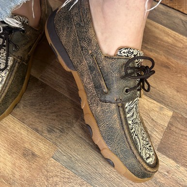 Twisted X Women’s Brown and Floral Embossed Boat Shoe Driving Moc SMUWDM53