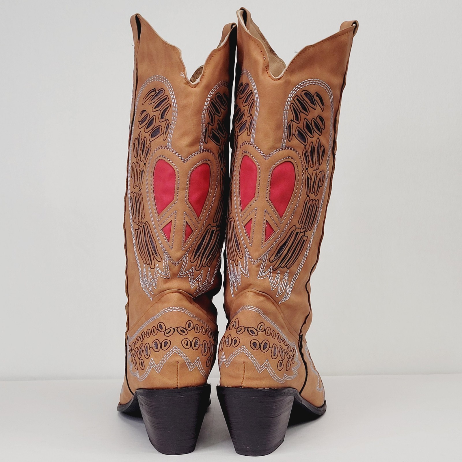 Womens Heart Angel Wing Cowgirl Boots 9.5 Cowgirl Western Faux Suede Brown Red