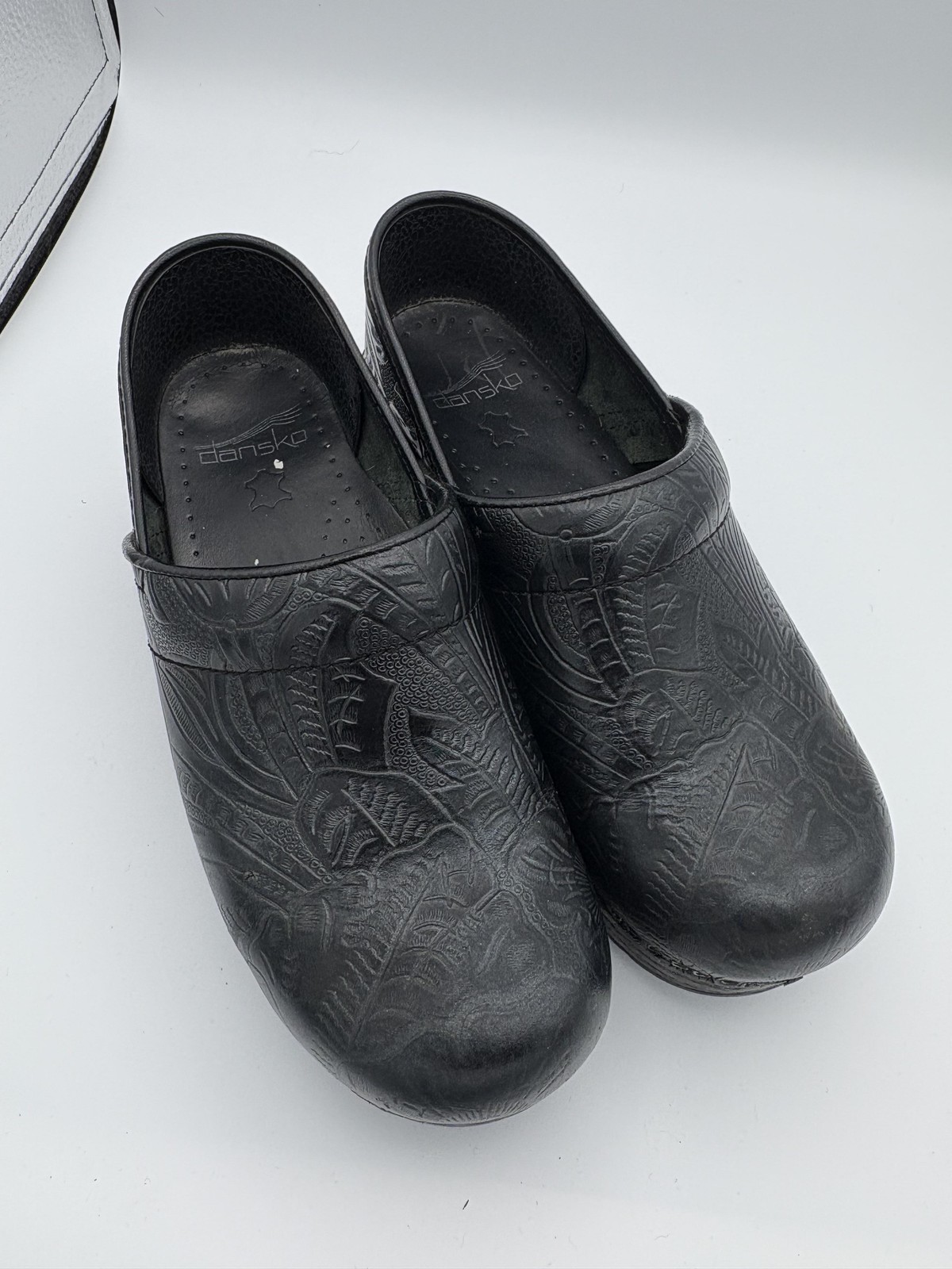 Dansko Professional Clogs Shoes Womens Size 6.5 Black Floral Embossed Leather
