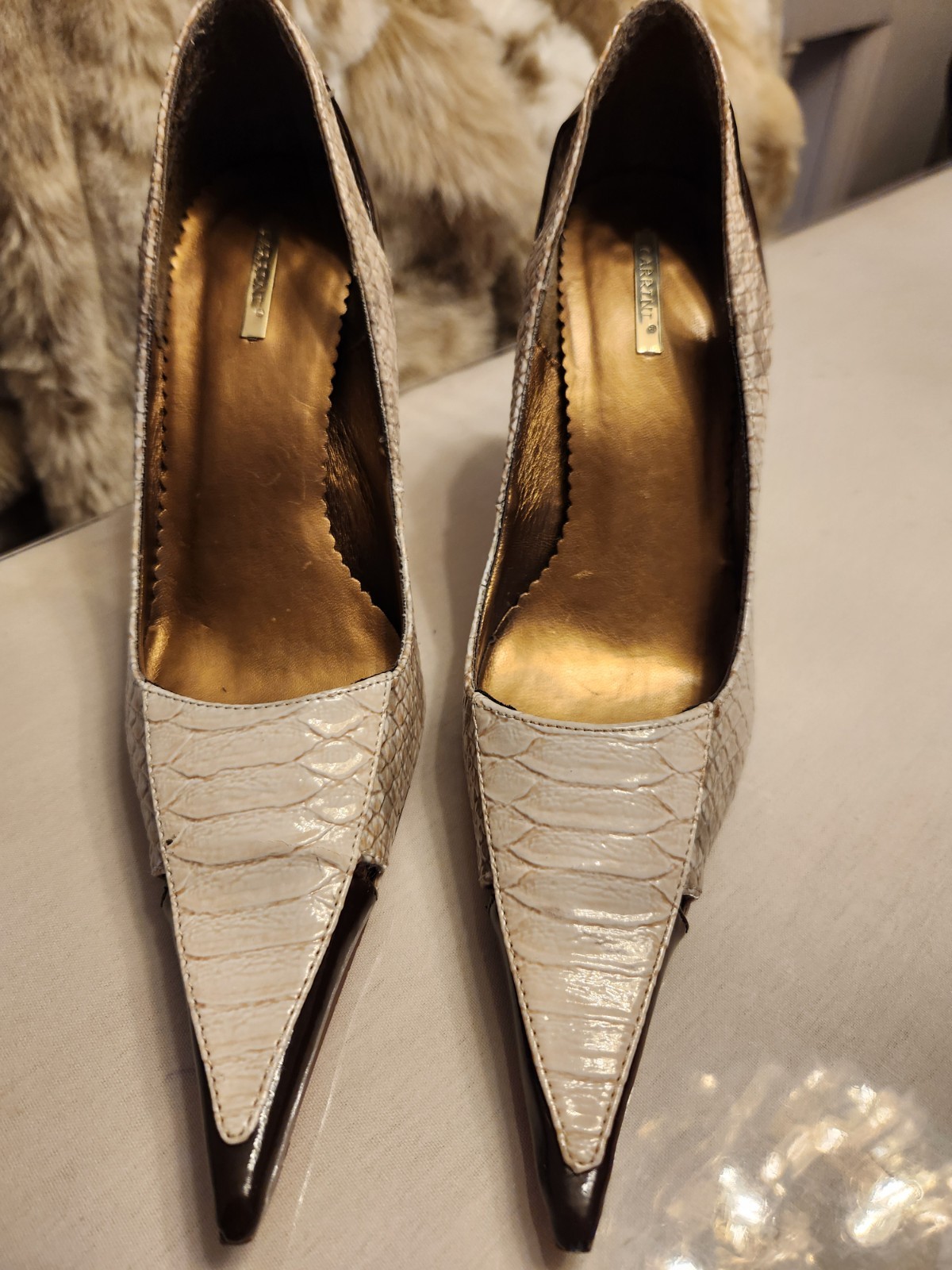 CARRINI Snake Skin Heels Beige brown 4″ heels Patten SZ 8