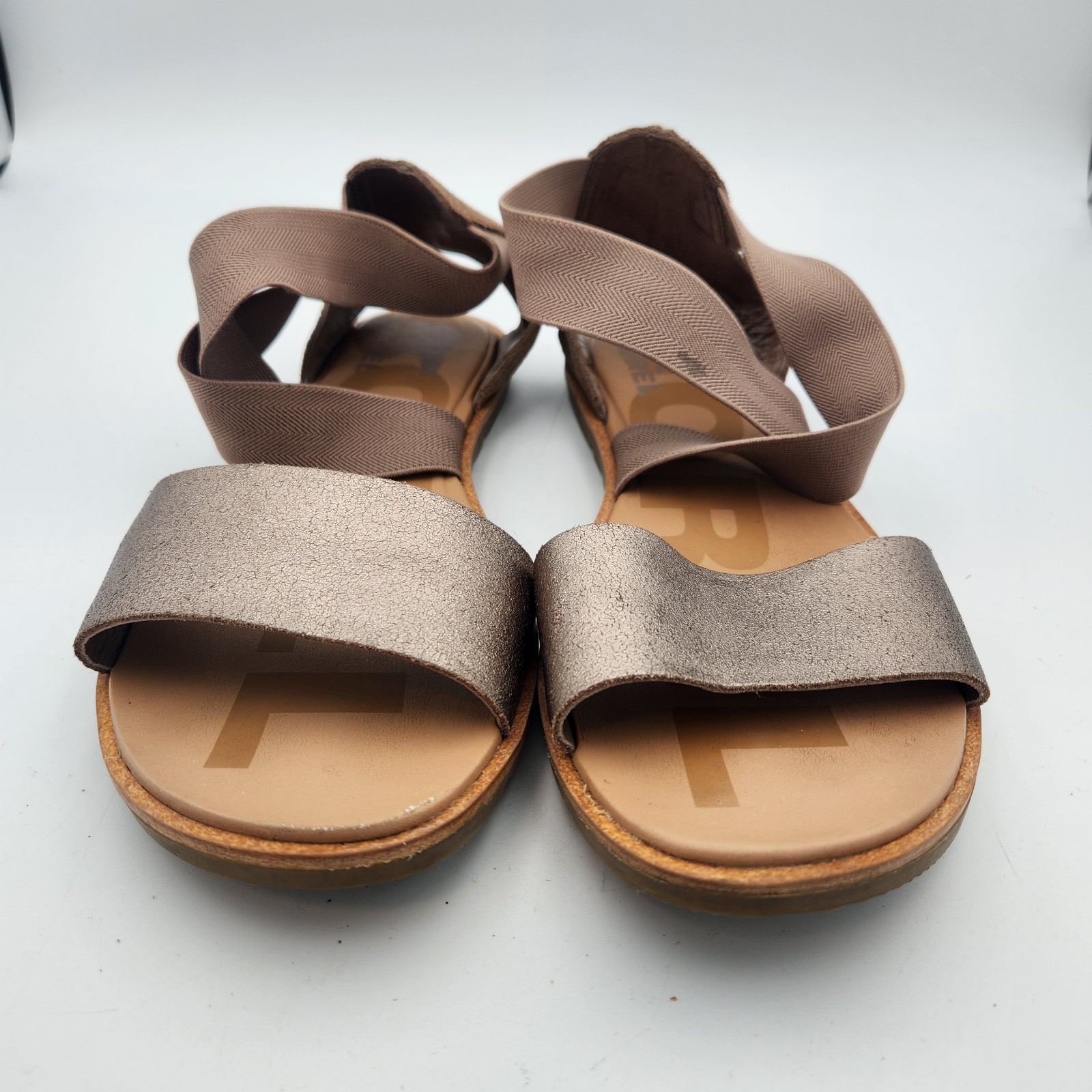 SOREL Ella II Ash Brown Leather Metallic EVA Foam Strappy Sandals Women Size 8.5