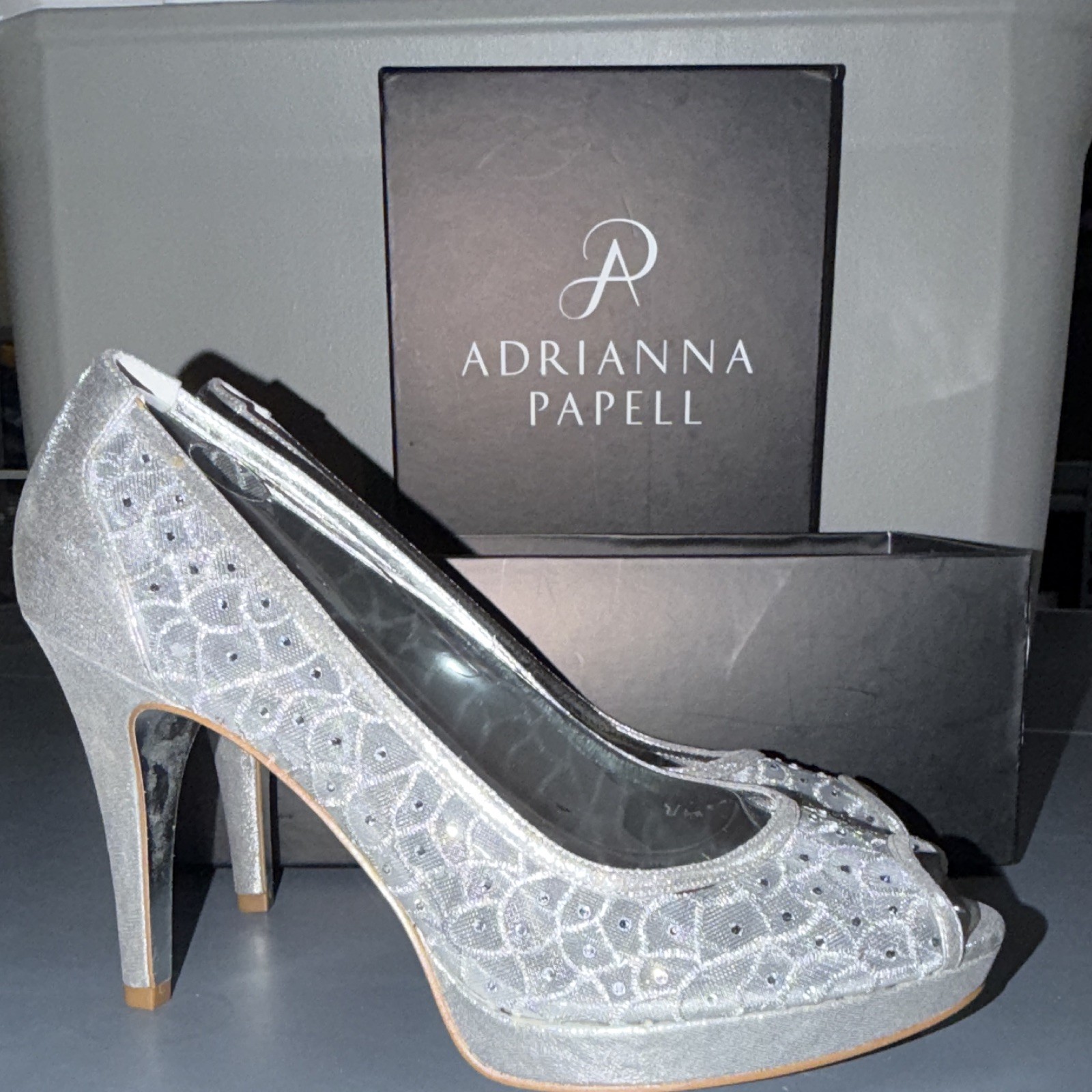 Adrianna Papell Silver Beaded Sequin Mesh Floral Peep Toe Stiletto Pumps