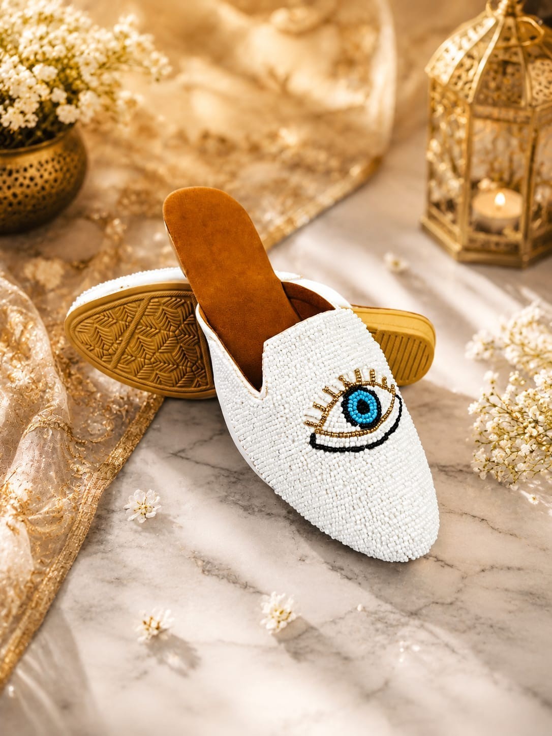 Handmade Women’s Grey Beaded Evil Eye Mules Slip On Flats Ethnic Comfort Shoes