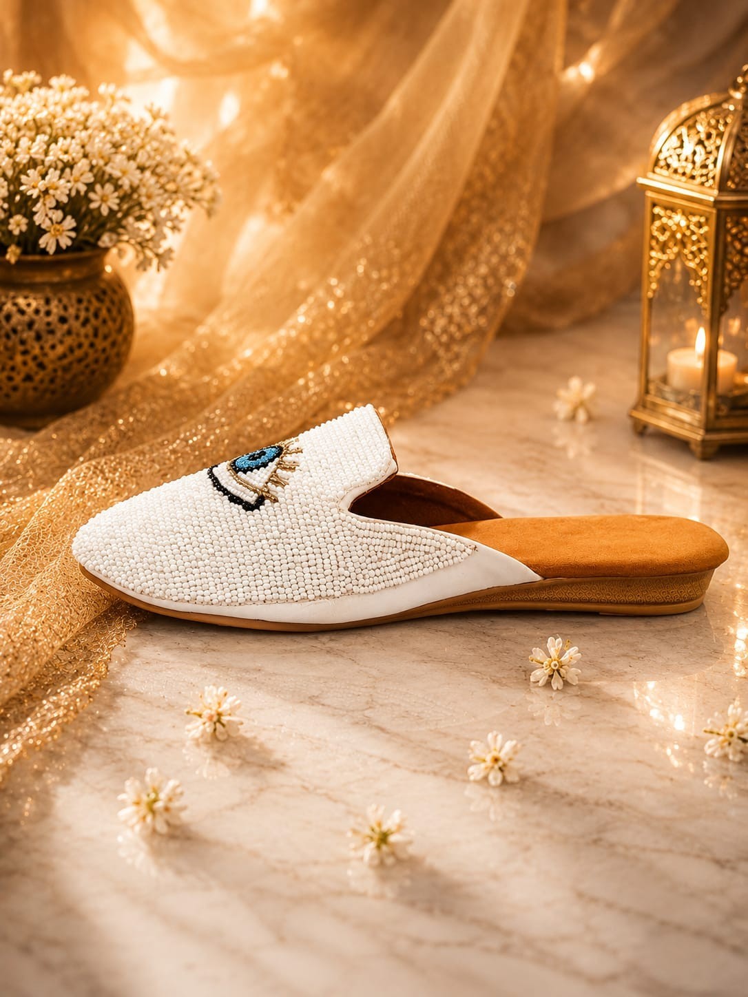 Handmade Women’s Grey Beaded Evil Eye Mules Slip On Flats Ethnic Comfort Shoes
