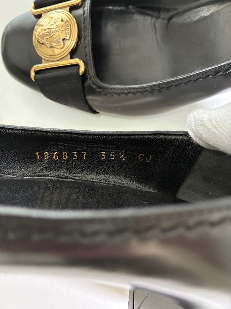 GUCCI Black Leather Pumps Size 23cm 9in Gold Emblem High Heels