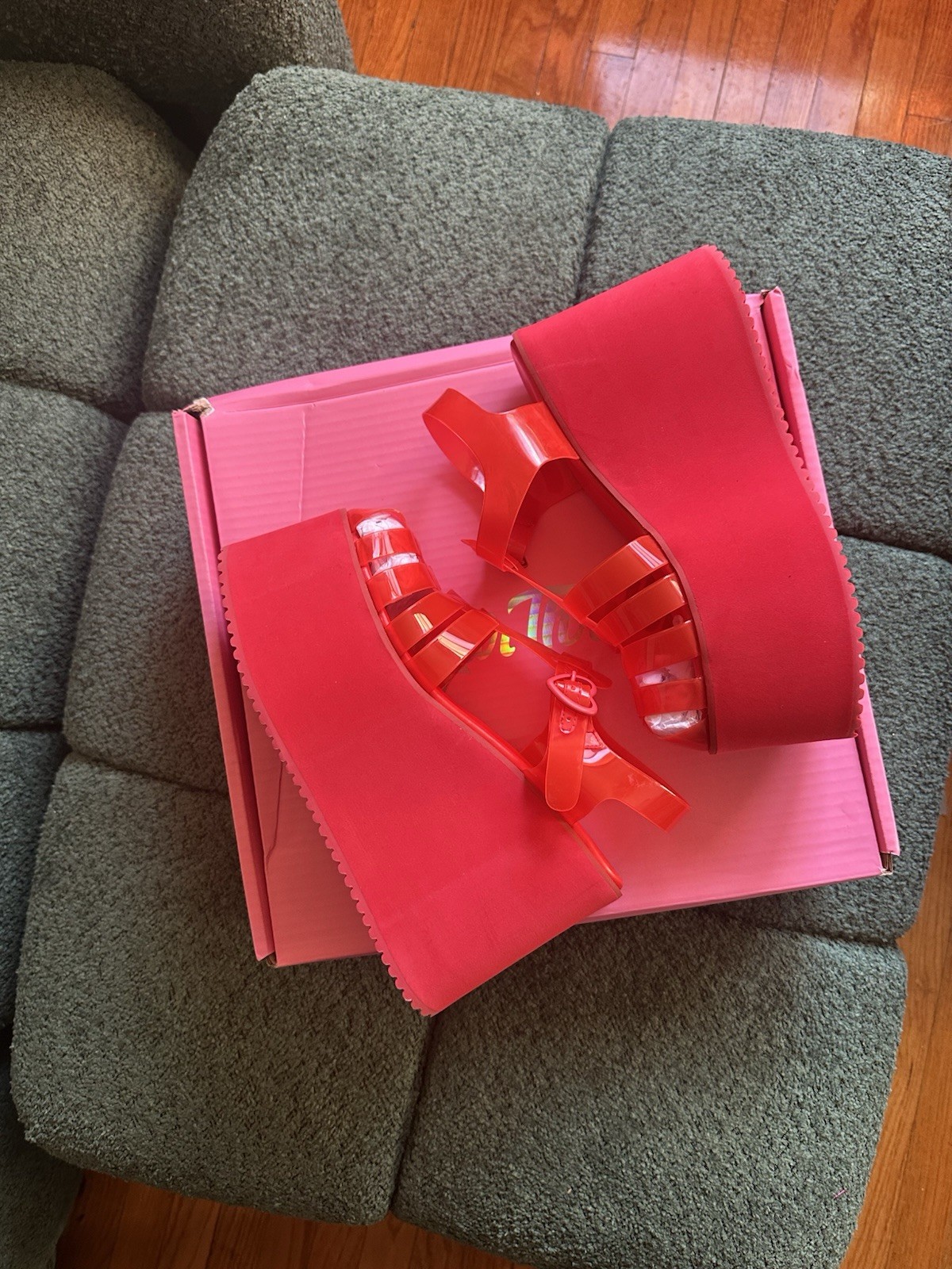 Sugar Thrillz Red PVC Platform Wedge Sandals Ankle Strap Buckle Heart