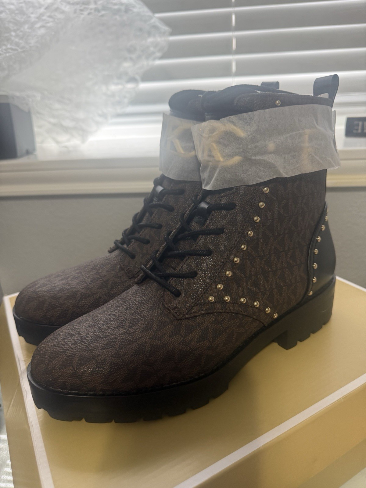 Michael Kors Kincaid Logo Studded Combat Boot Brown/Black 6/6.5/7/7.5/8/8.5/9