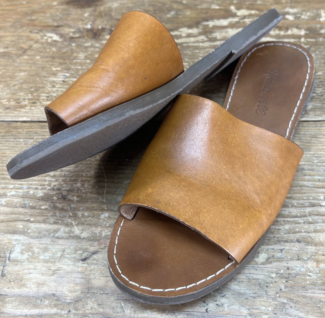 Madewell The Boardwalk Post Slide Sandals Brown Leather Slide Boho Size 7 M