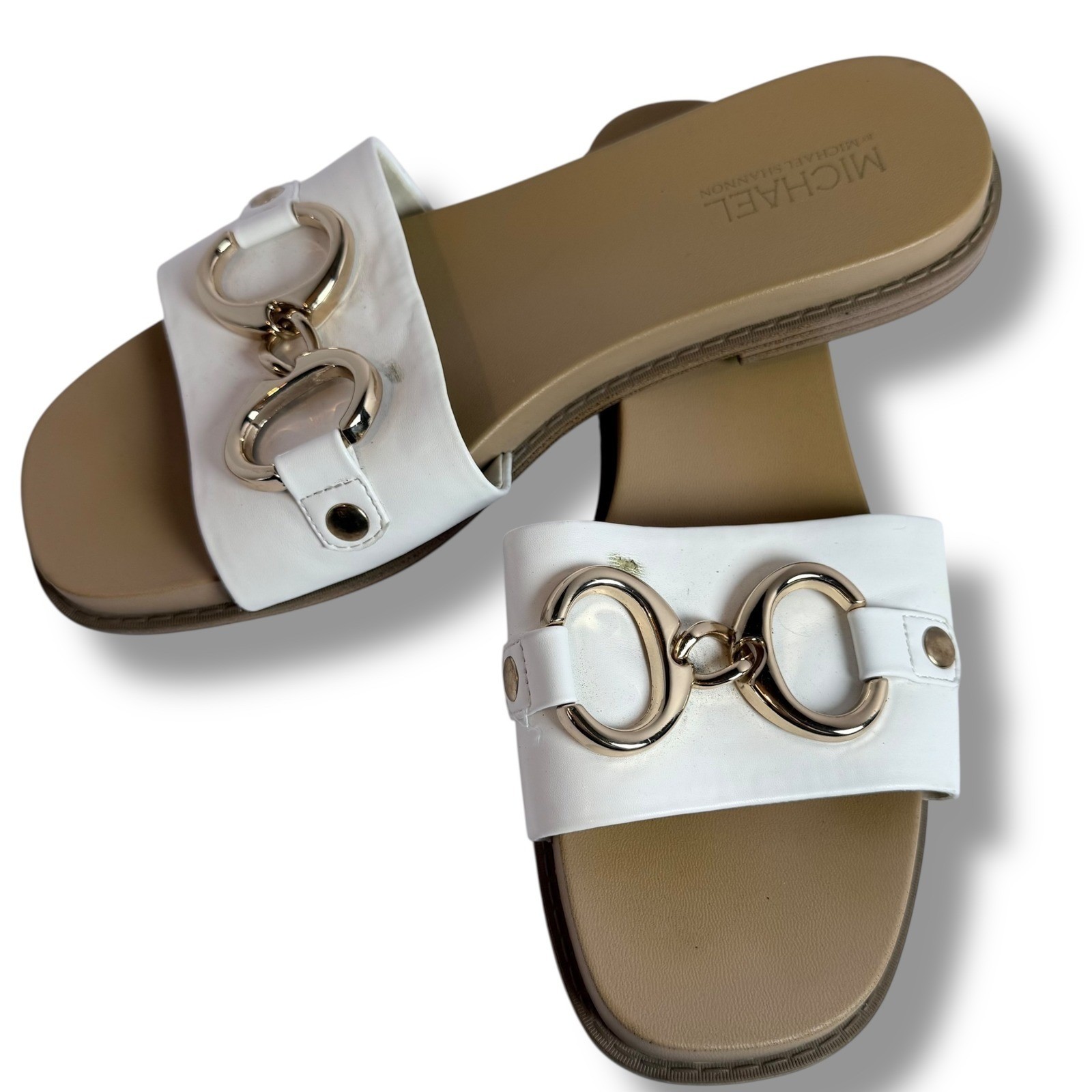 EUC Michael by Michael Shannon White & Gold Chain Detail Slide Sandals Size 9M