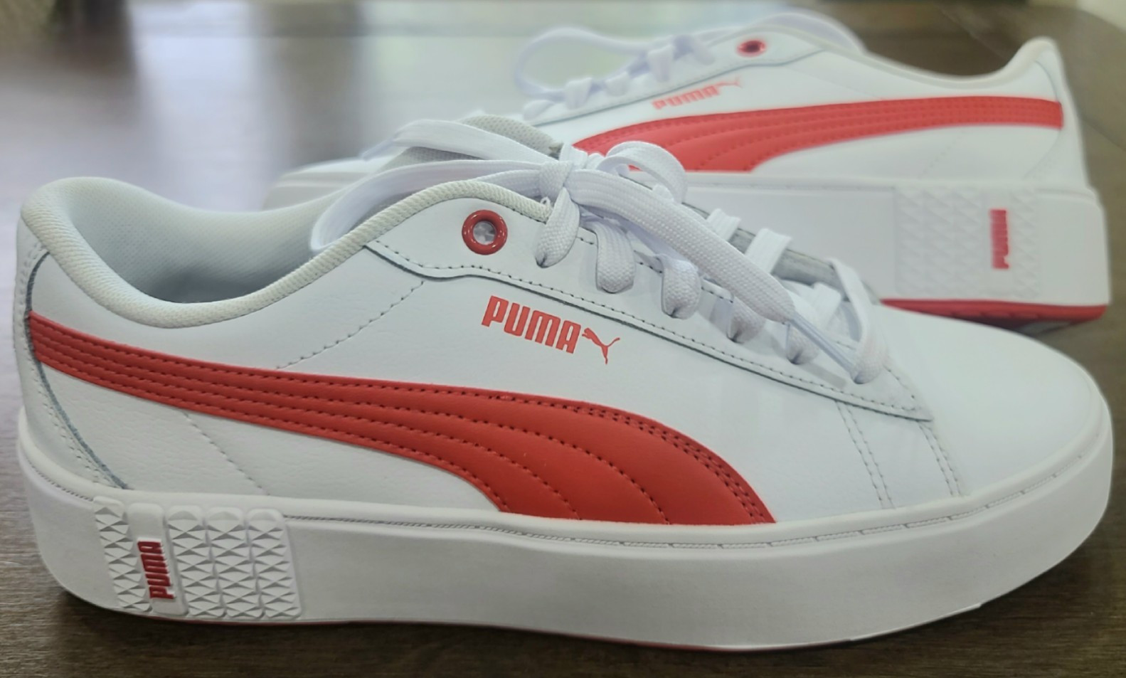 Puma Women’s Smash Platform V2 White/Red Low Top Lace-Up Athletic Sneaker