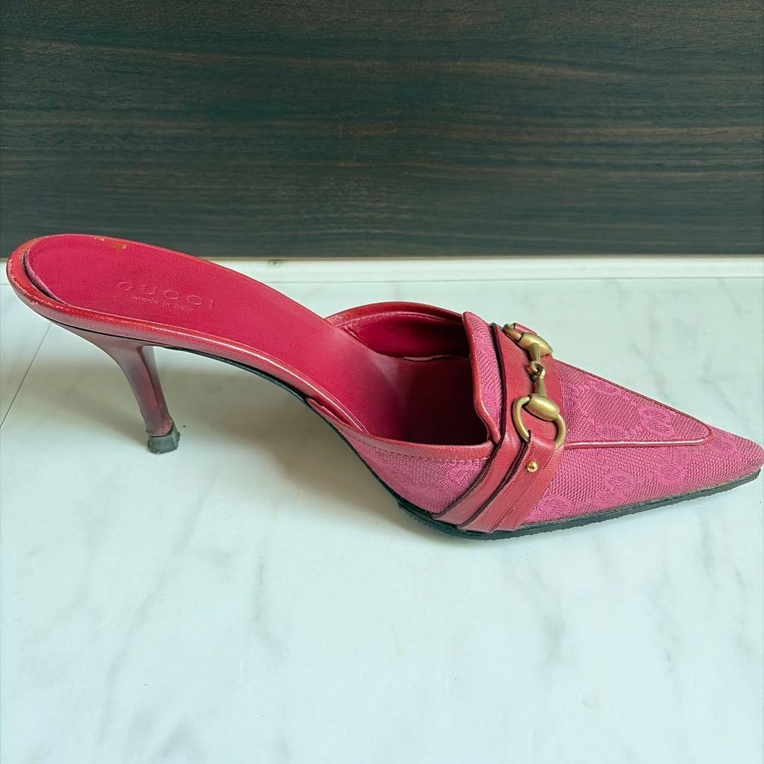 Gucci GG Pattern Mule Sandals Size 34H Pink Canvas Leather Rare