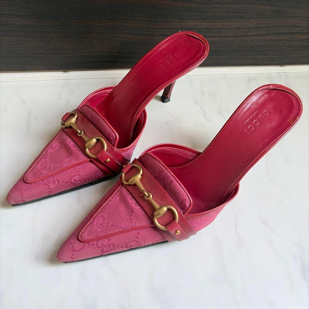 Gucci GG Pattern Mule Sandals Size 34H Pink Canvas Leather Rare