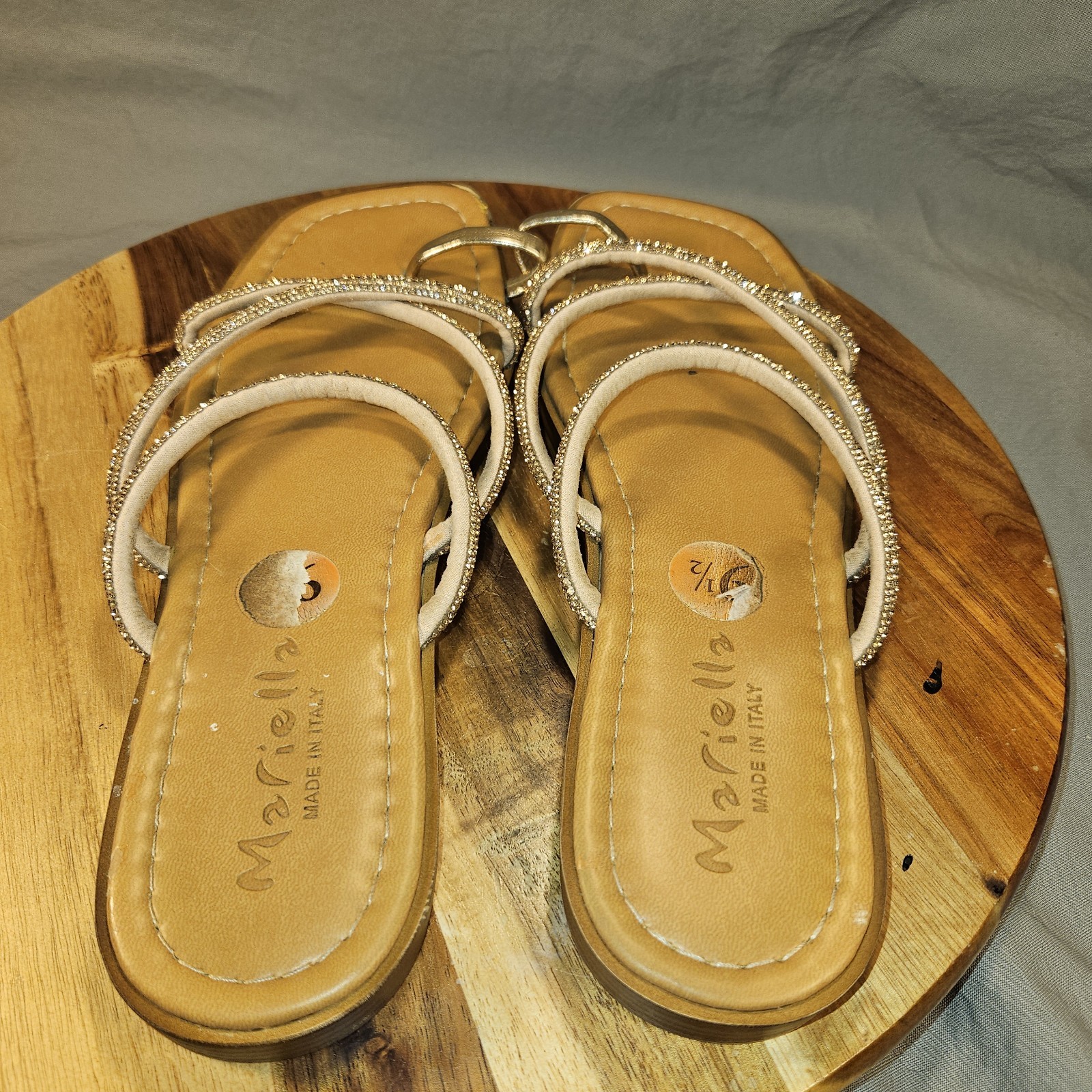 MARIELLA Sandals Womens 9.5 Gold Stoned Slip On Strappy Slides Made In Italy.