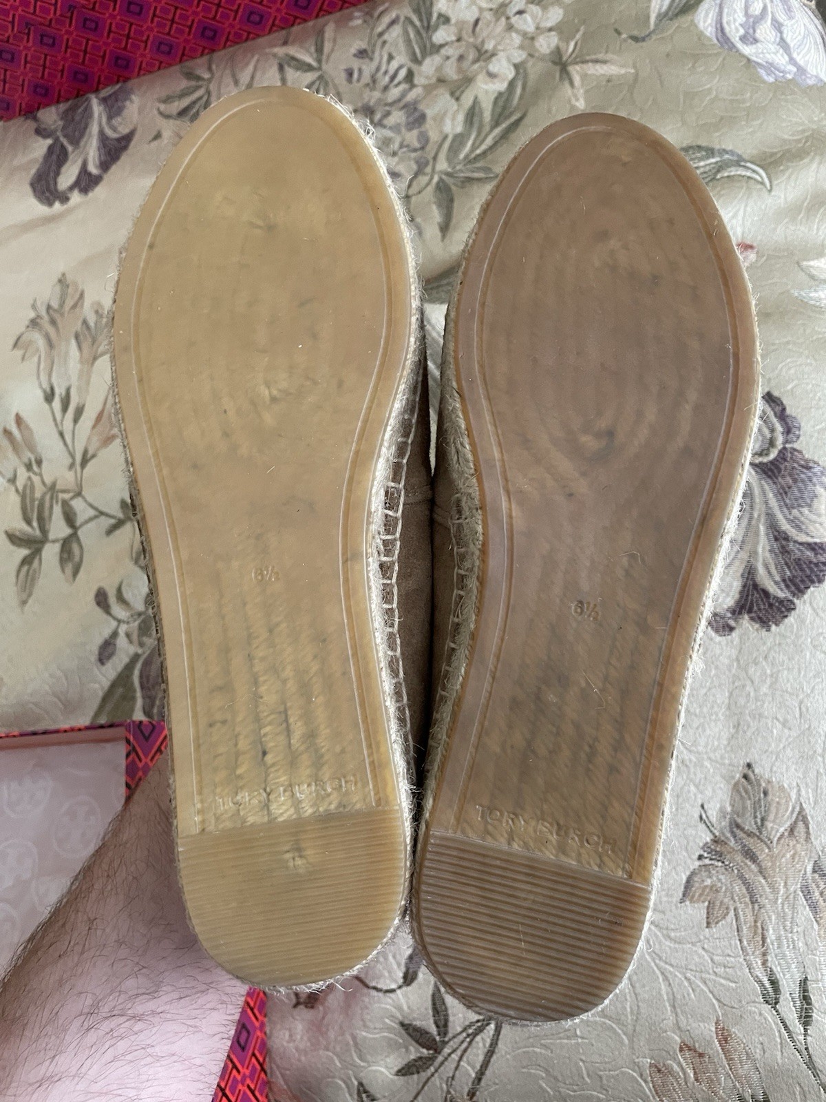 Tory Burch Ines Embellished Suede Espadrilles Tan Crystal Logo Flats Size 6.5