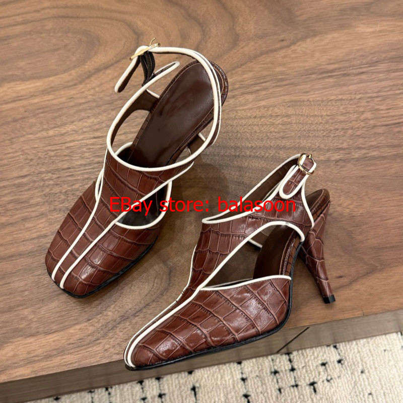 2026summer leather round head shallow mouth buckle stiletto heels Baotou sandals
