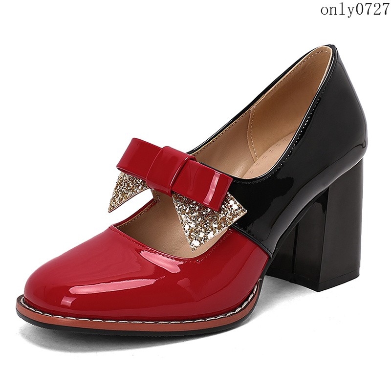 Women’s Colorblock Shiny Faux Leather Bowknot Sequins High Block Heel Shoes Plus