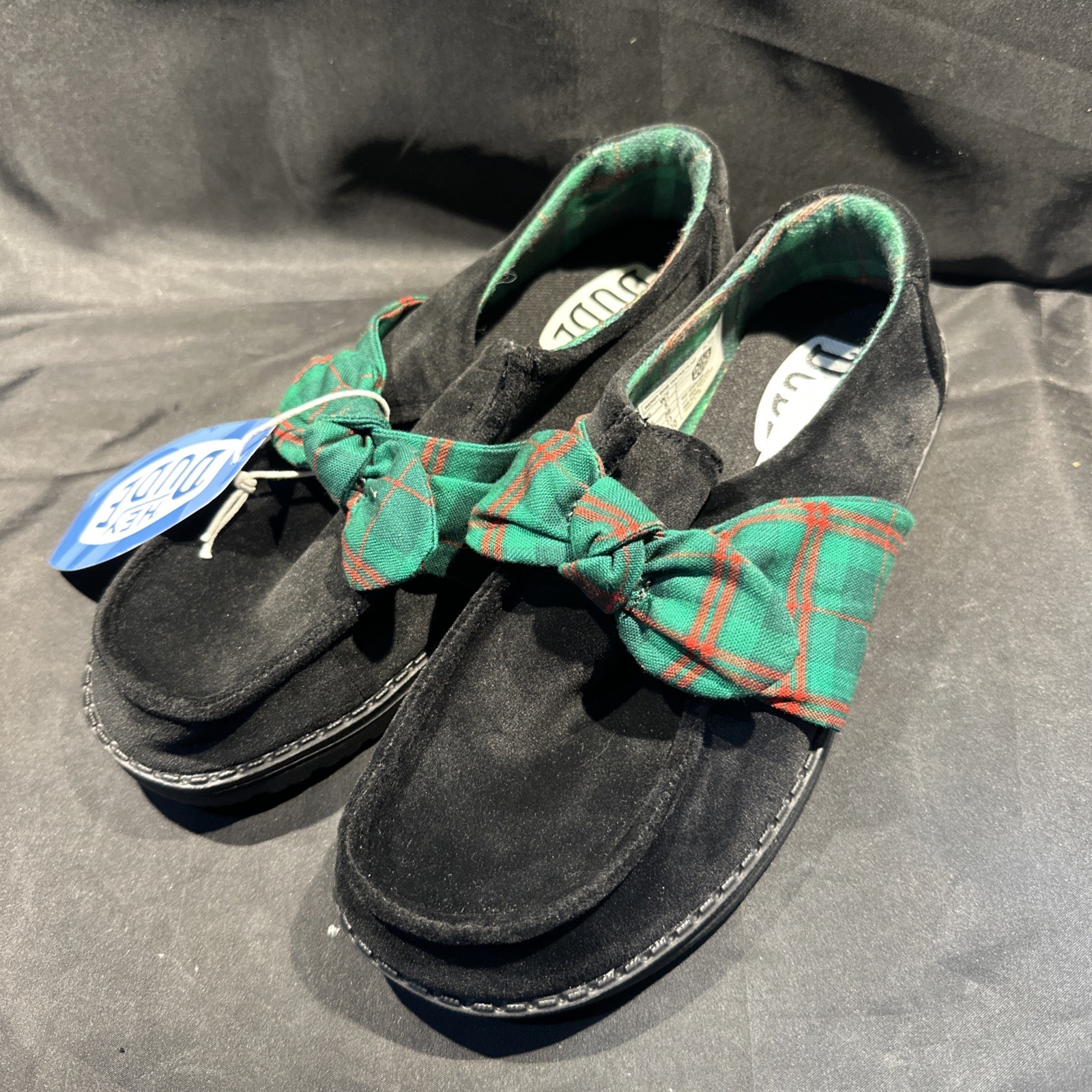 NEW NWT Hey Dude Wendy Bow Green Tartan Plaid Women’s Black Size 7 MSRP $74.99