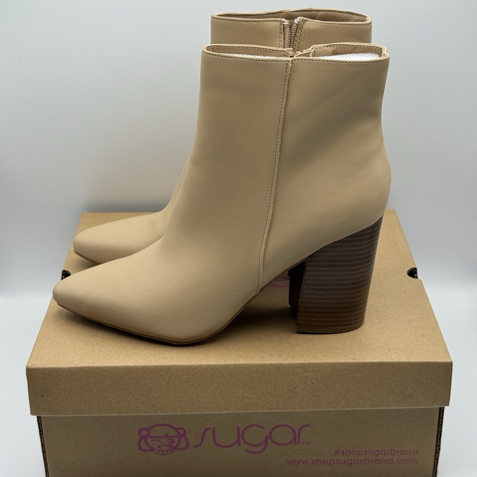 Sugar Evvie Tan Smooth Block Heel Ankle Boots Women’s 9M Zip Booties