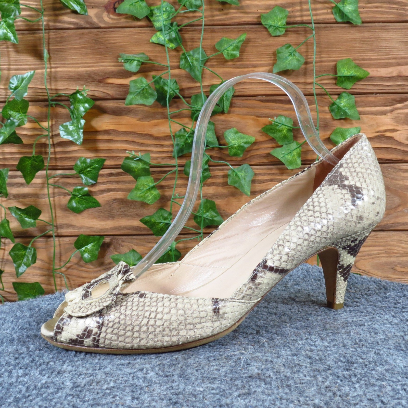 Loeffler Randall Women Peep Toe Pump 10.5 Professional Snakeskin Leather Beige