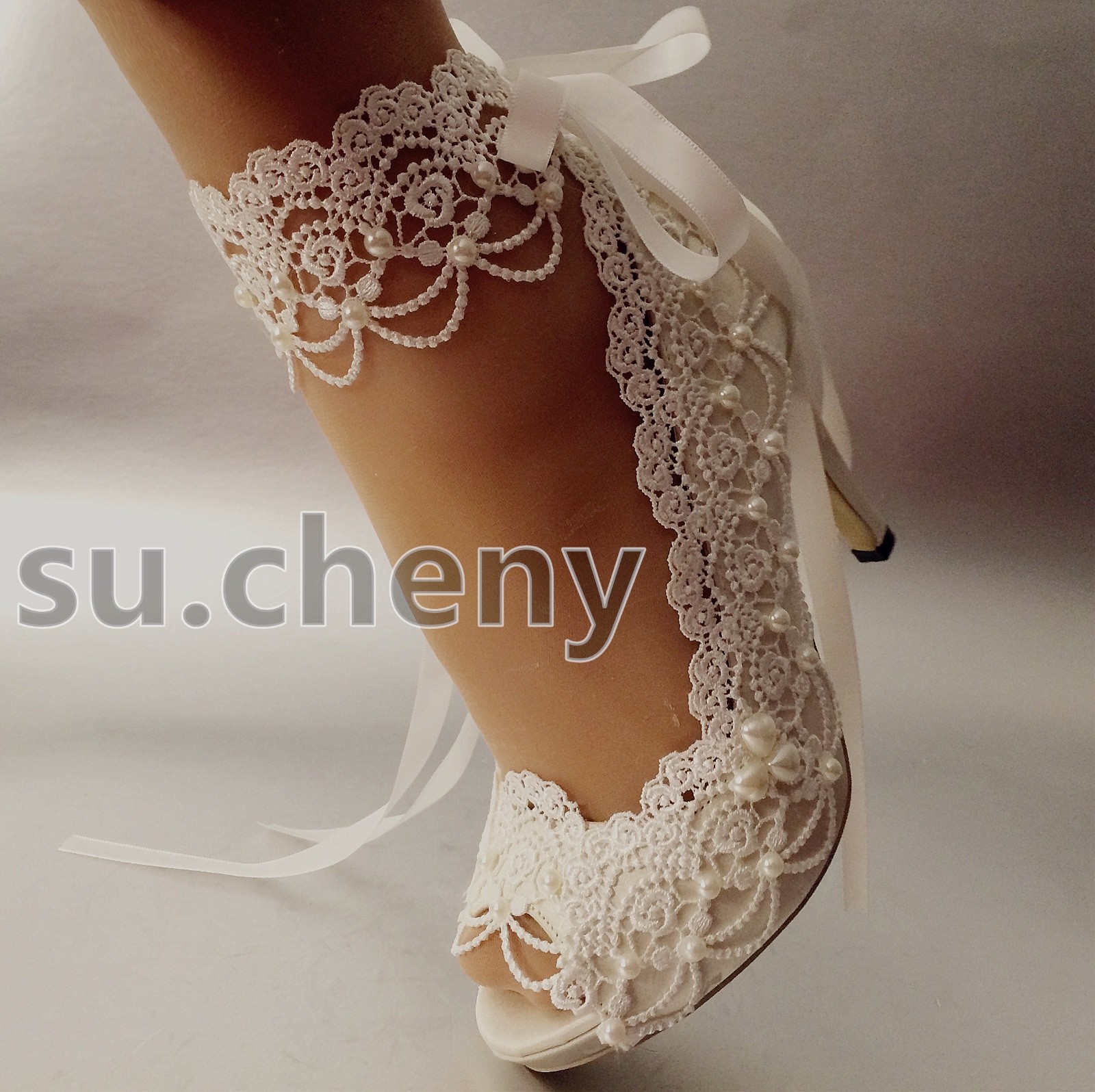 su.cheny 3″ 4” heel white ivory satin lace ribbon peep toe Wedding Bridal shoes