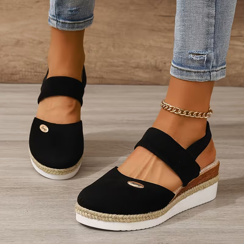 Closed Toe Espadrille Platform Wedge Round Toe Slingback Faux Suede Sandals