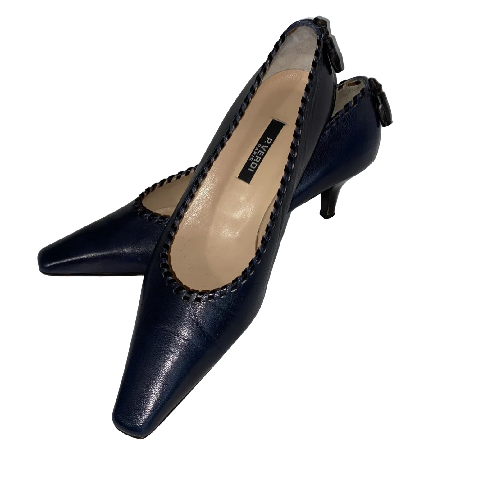 P. VERDI Women’s Shoes Paris Navy Leather 39 or 8.5 Lacing Tassels Low 2” Heels