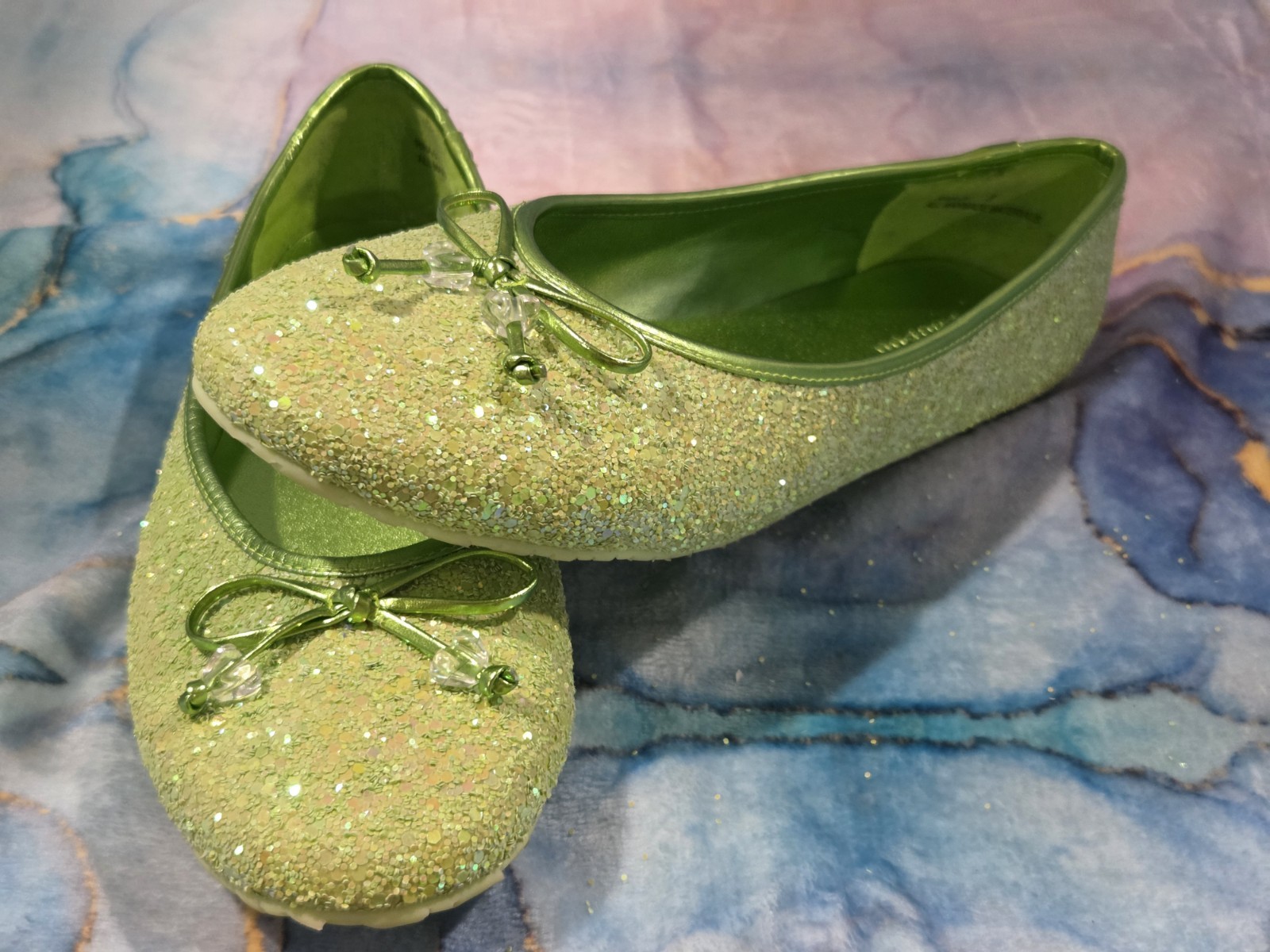 Bamboo* Green Glitter Sparkling Heart Bow Flats Shoes Women Size 8