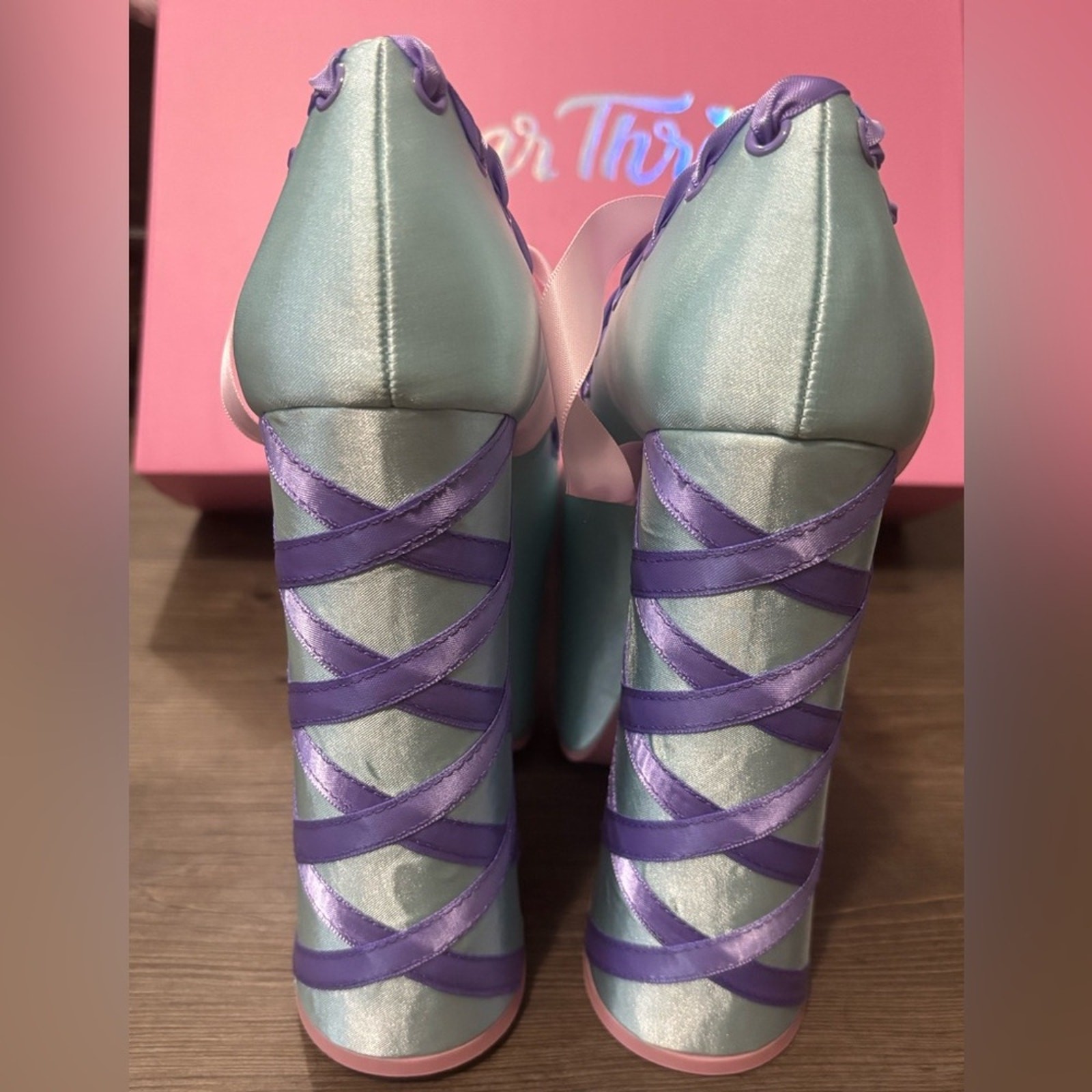 NIB Dolls Kill / Sugar Thrillz Blue & Pink Sweet Sonata Ballet Wrap Heels Size 7