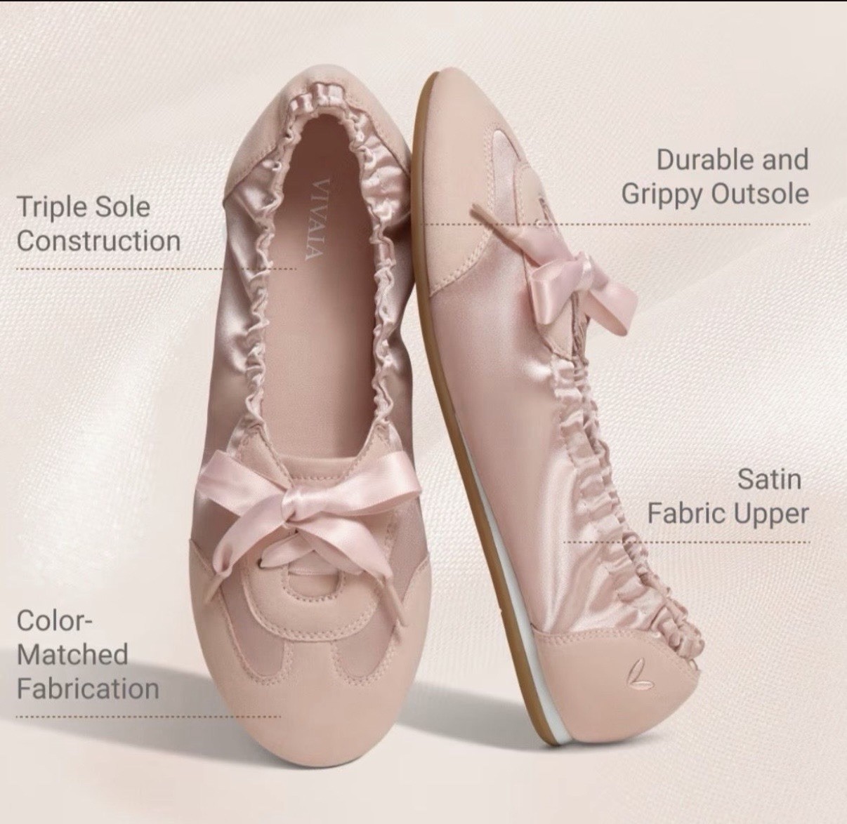 VIVAIA Round-Toe Satin Sneakerina (Yanka) Color Peach Blush Size 38.5 EU NWB