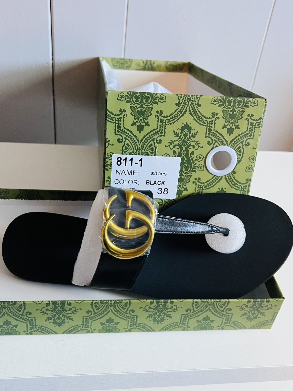 GUCCI Black Marmont Gold Bronze Metal GG Logo Sandals Flip Flops Size EU 38 US 8