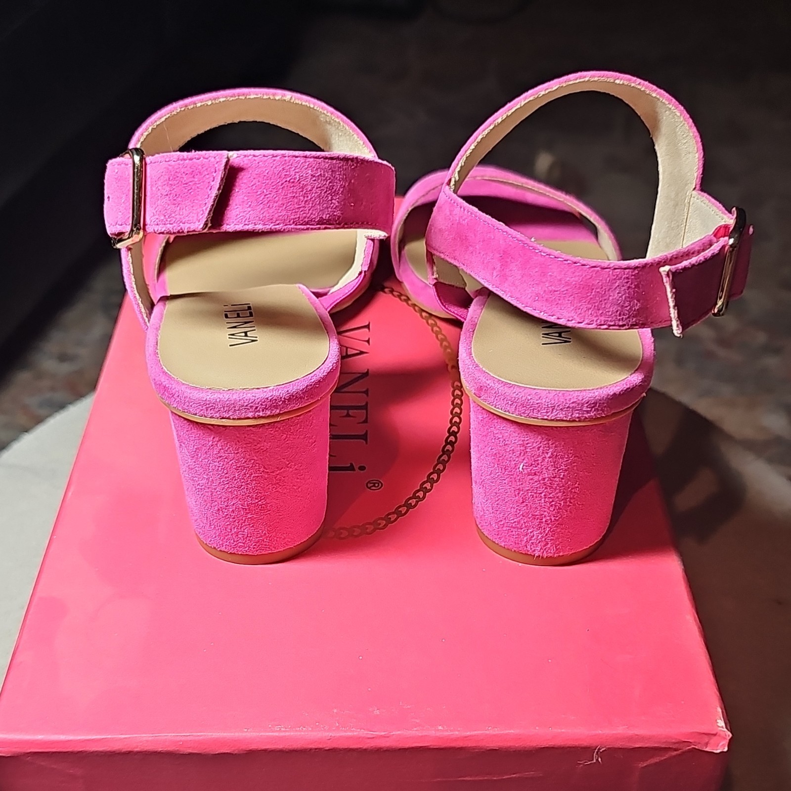 Vaneli Fuchsia Suede Strappy Ankle Strap Block Heel Open Toe Buckle 9.5 N
