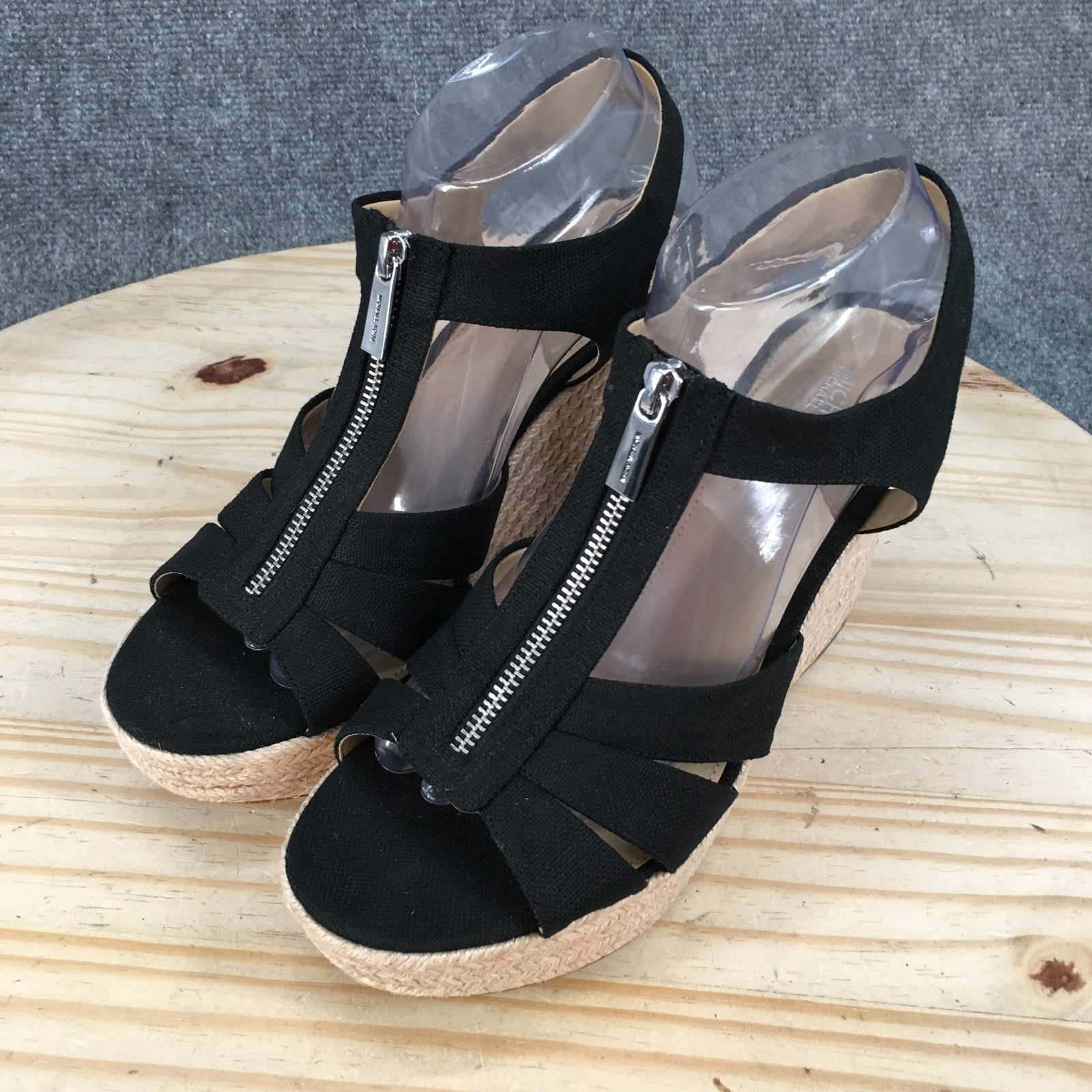 Michael Kors Sandals Womens 9.5 M Black Espadrille Front Zip Wedge Platform Heel
