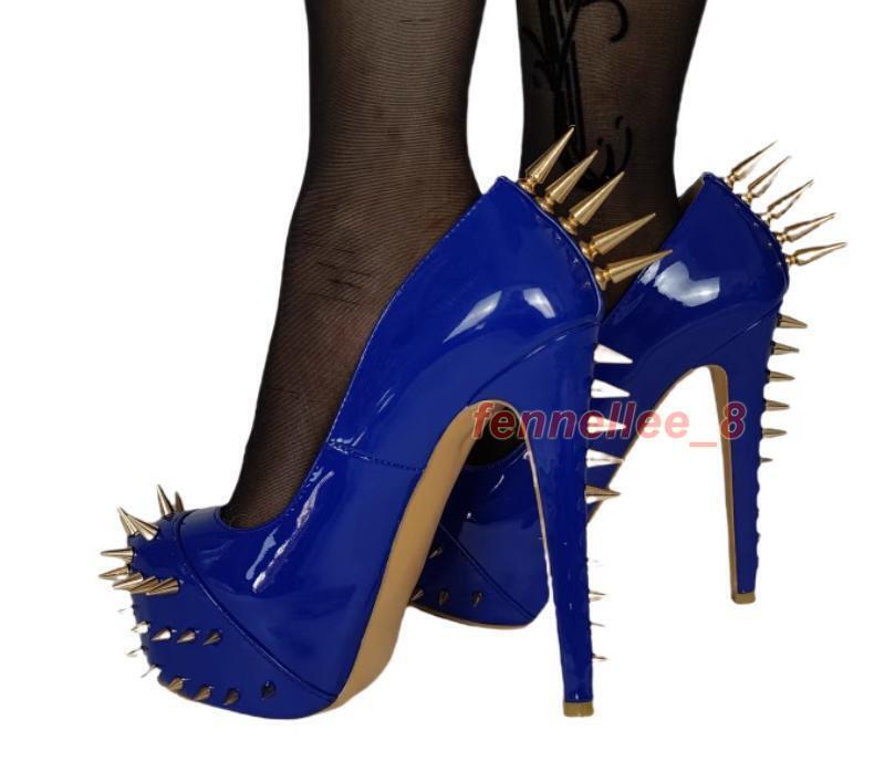 16CM Spike Riveted High Stiletto Heel Sexy Womens Platform Slip on Pumps Party