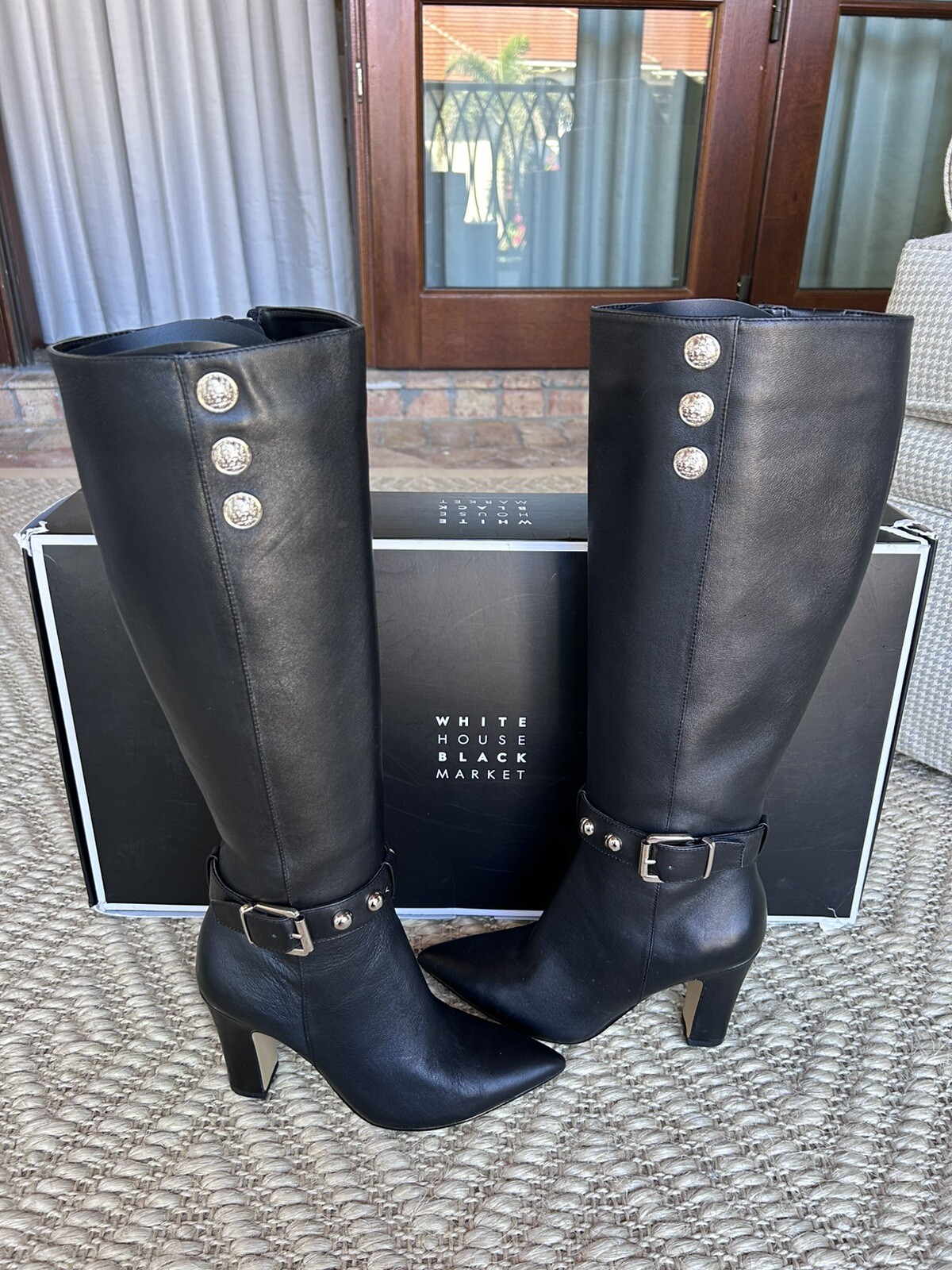 White House Black Market Leather Knee High Military Heeled Boots Black Sz 6.5